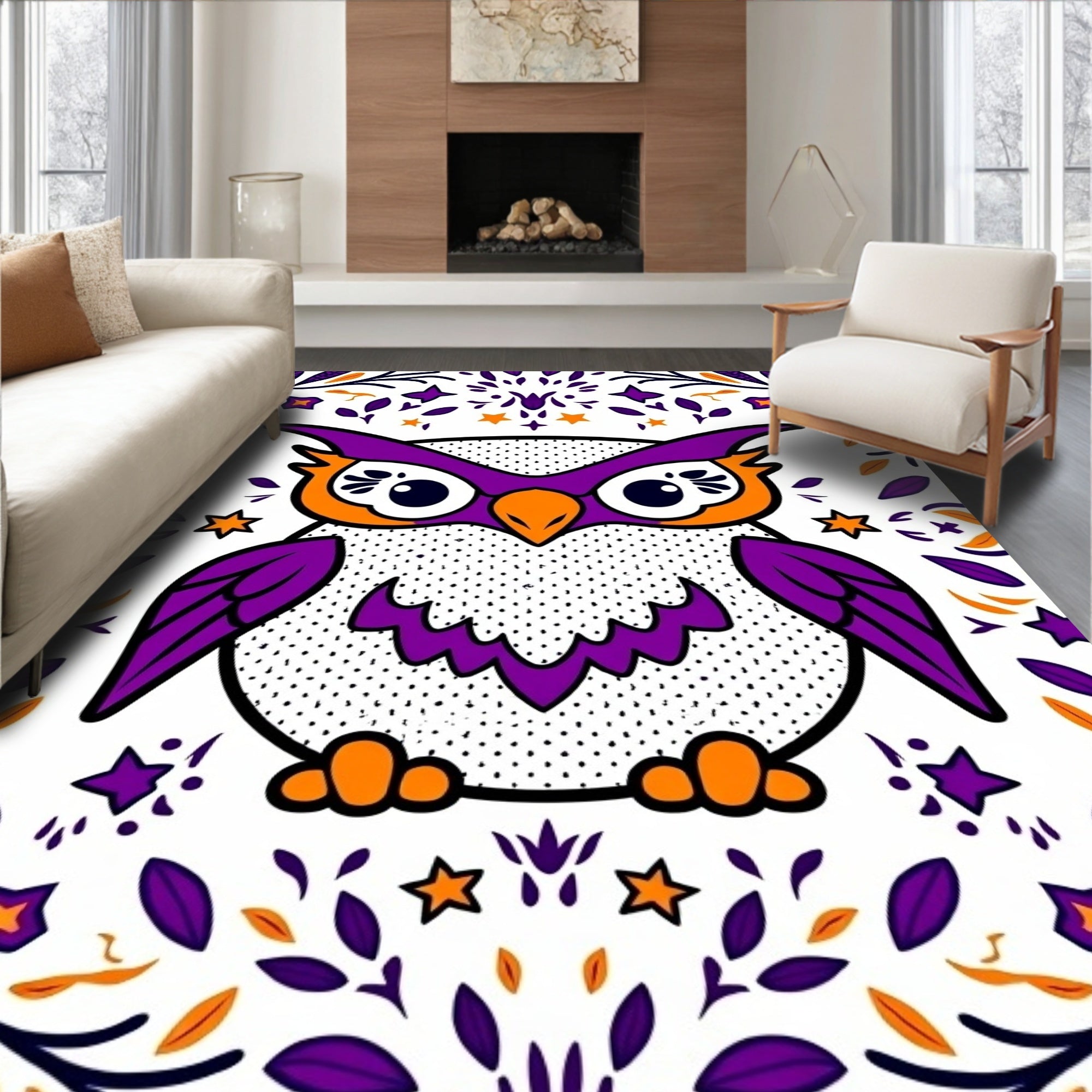 Whimsical Purple Owl Folk Art Rug