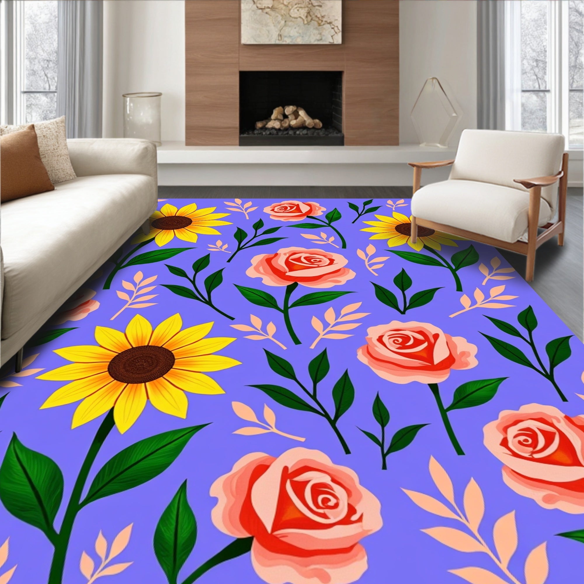 Yellow Sunflower Pink Rose Garden Rug