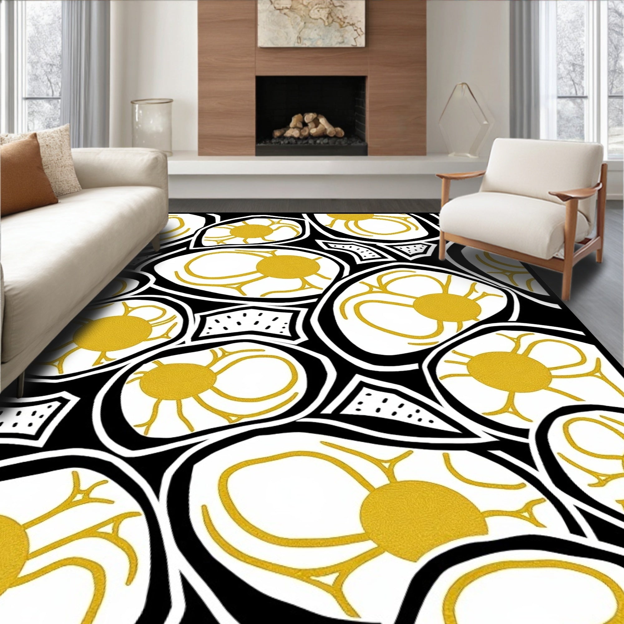 Abstract Yellow Sunburst Cells Rug