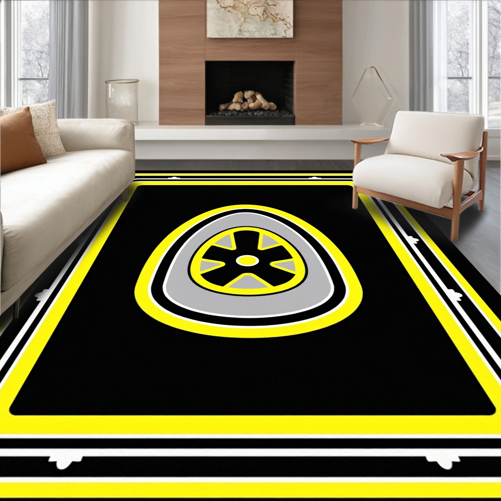 Bold Black Yellow Wheel Shape Rug