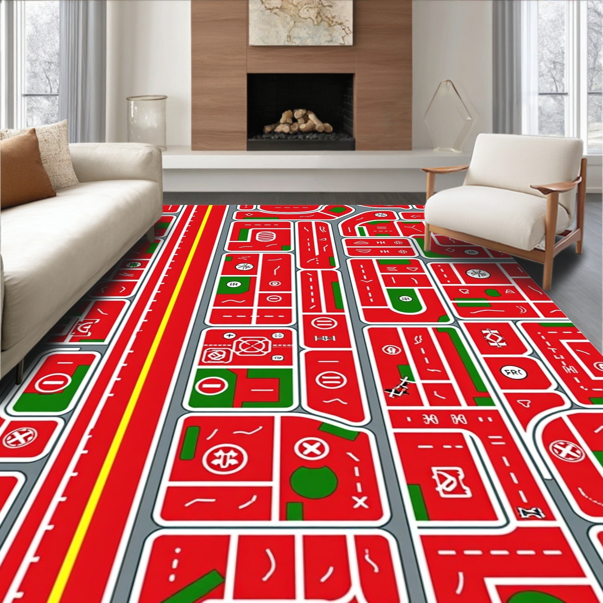 Red Urban Street Cityscape Rug