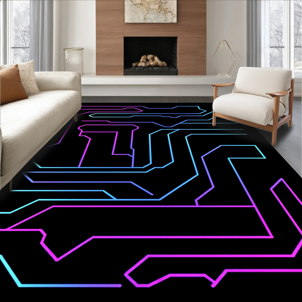 Cyberpunk Neon Circuit Lines Rug