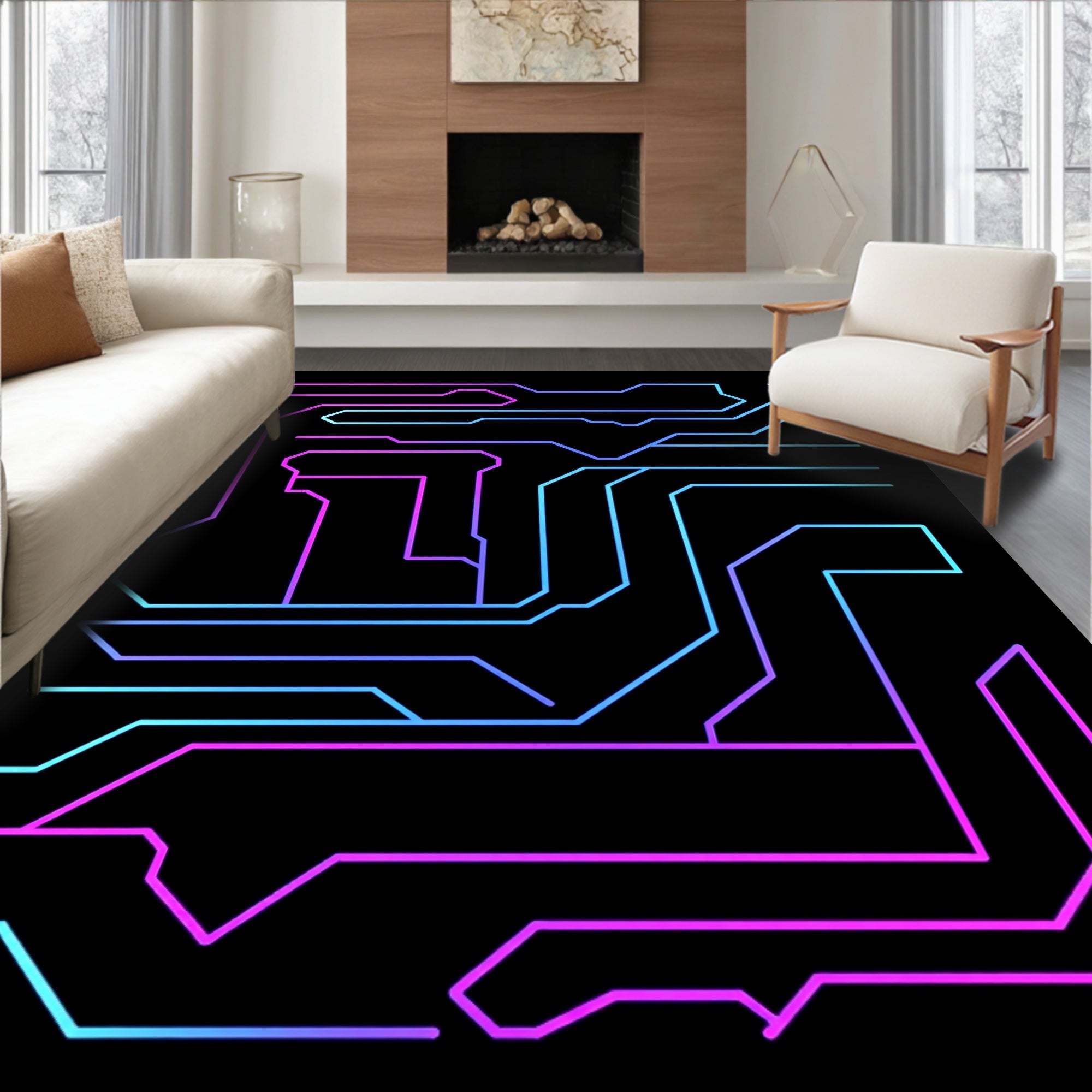Cyberpunk Neon Circuit Lines Rug