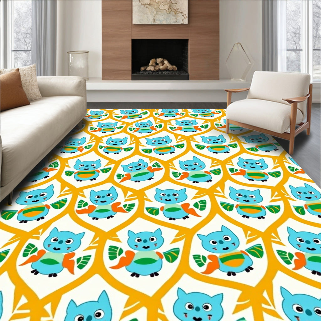 Charming Teal Owl Geometric Honeycomb Rug