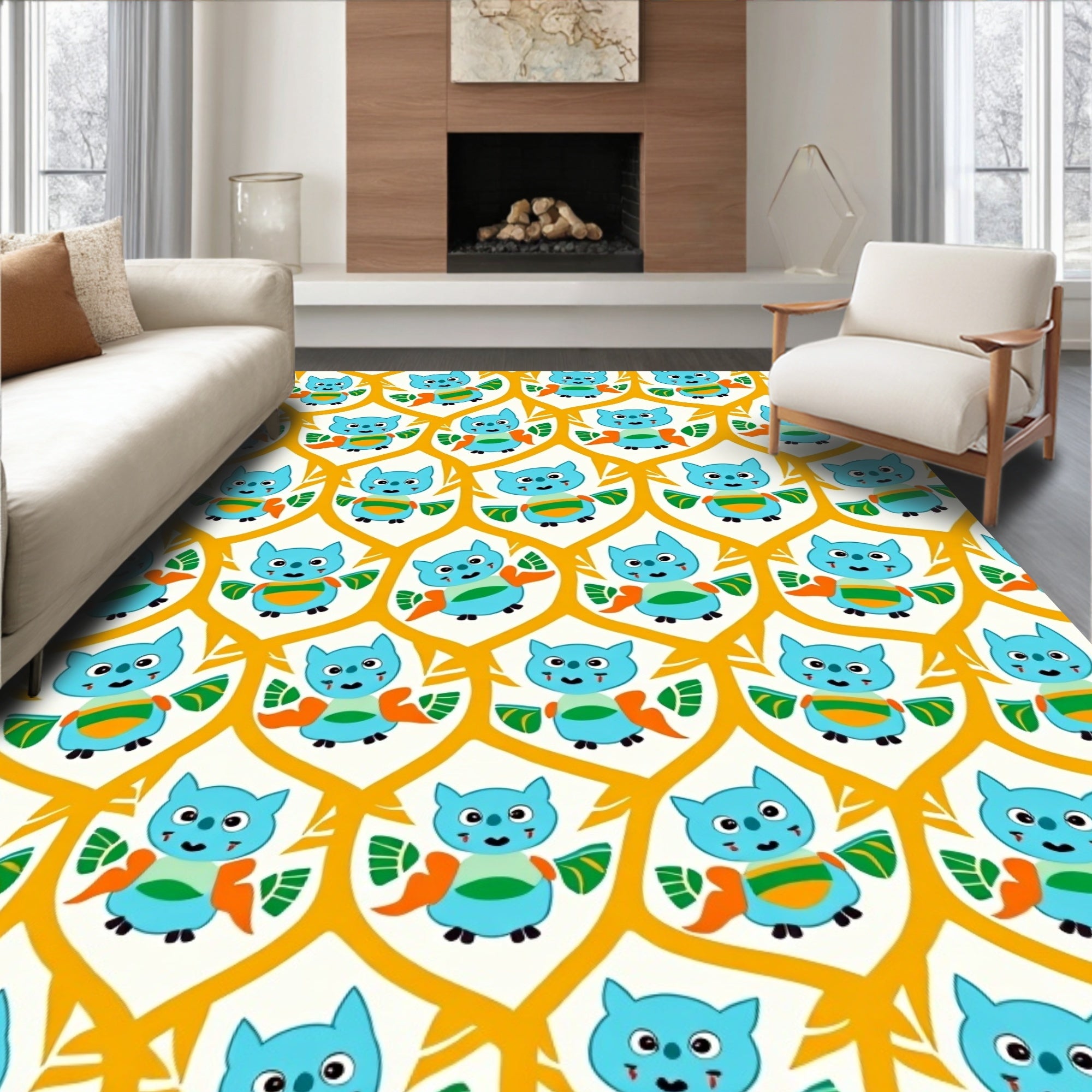 Charming Teal Owl Geometric Honeycomb Rug
