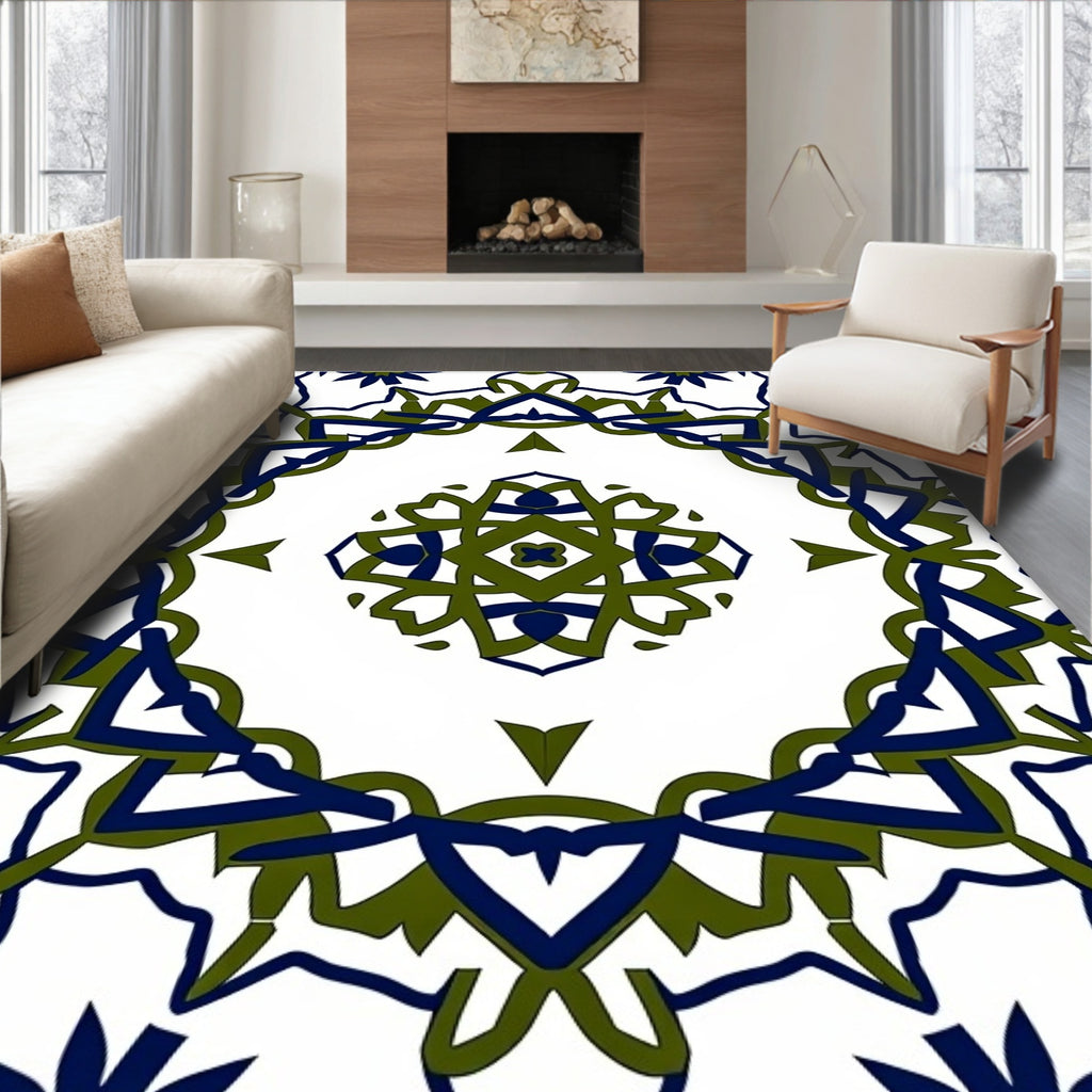 Navy Olive Green Radial Mandala Rug
