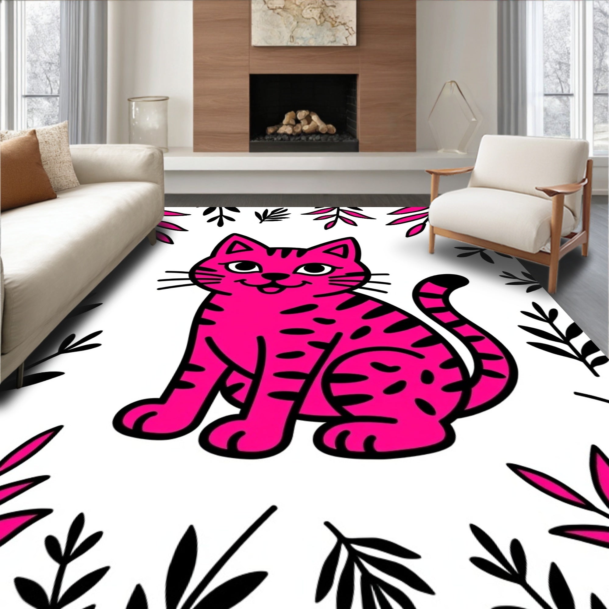 Bright Pink Wild Cat Foliage Rug