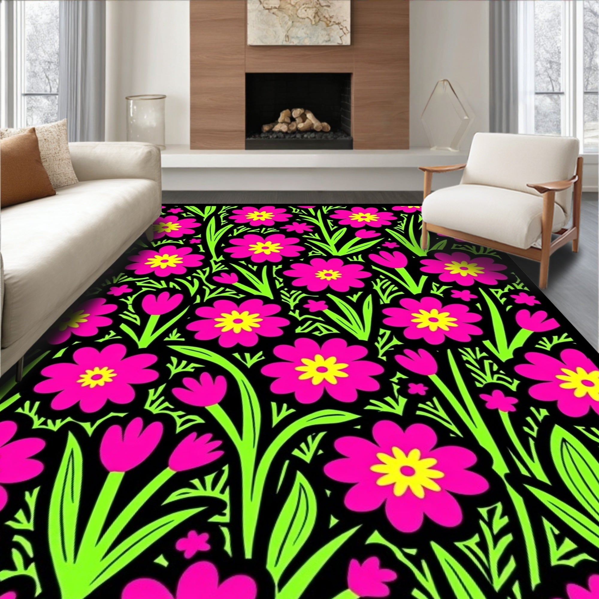Vibrant Pink Yellow Floral Garden Rug