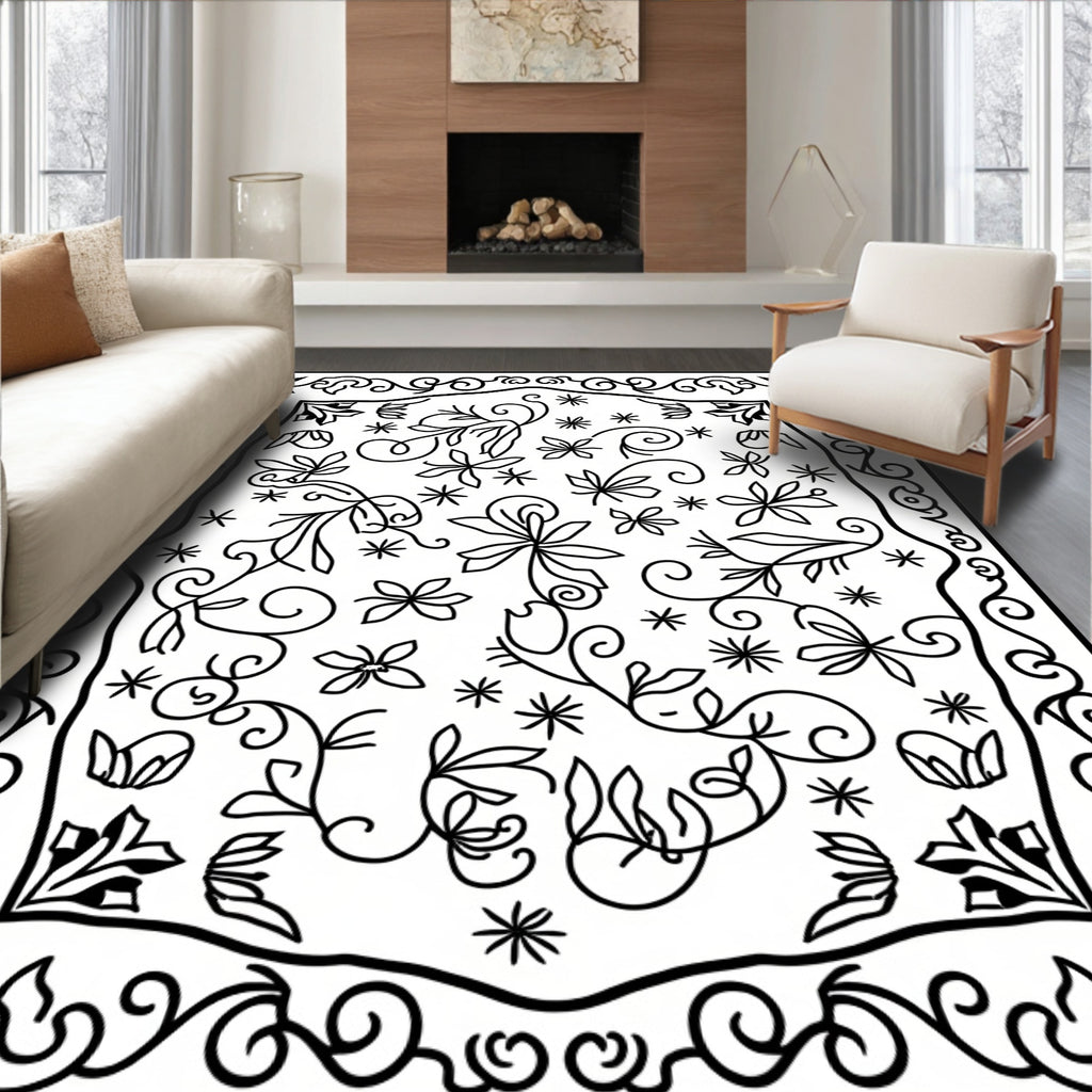 Black White Botanical Scrollwork Floral Rug