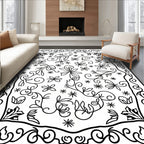 Black White Botanical Scrollwork Floral Rug