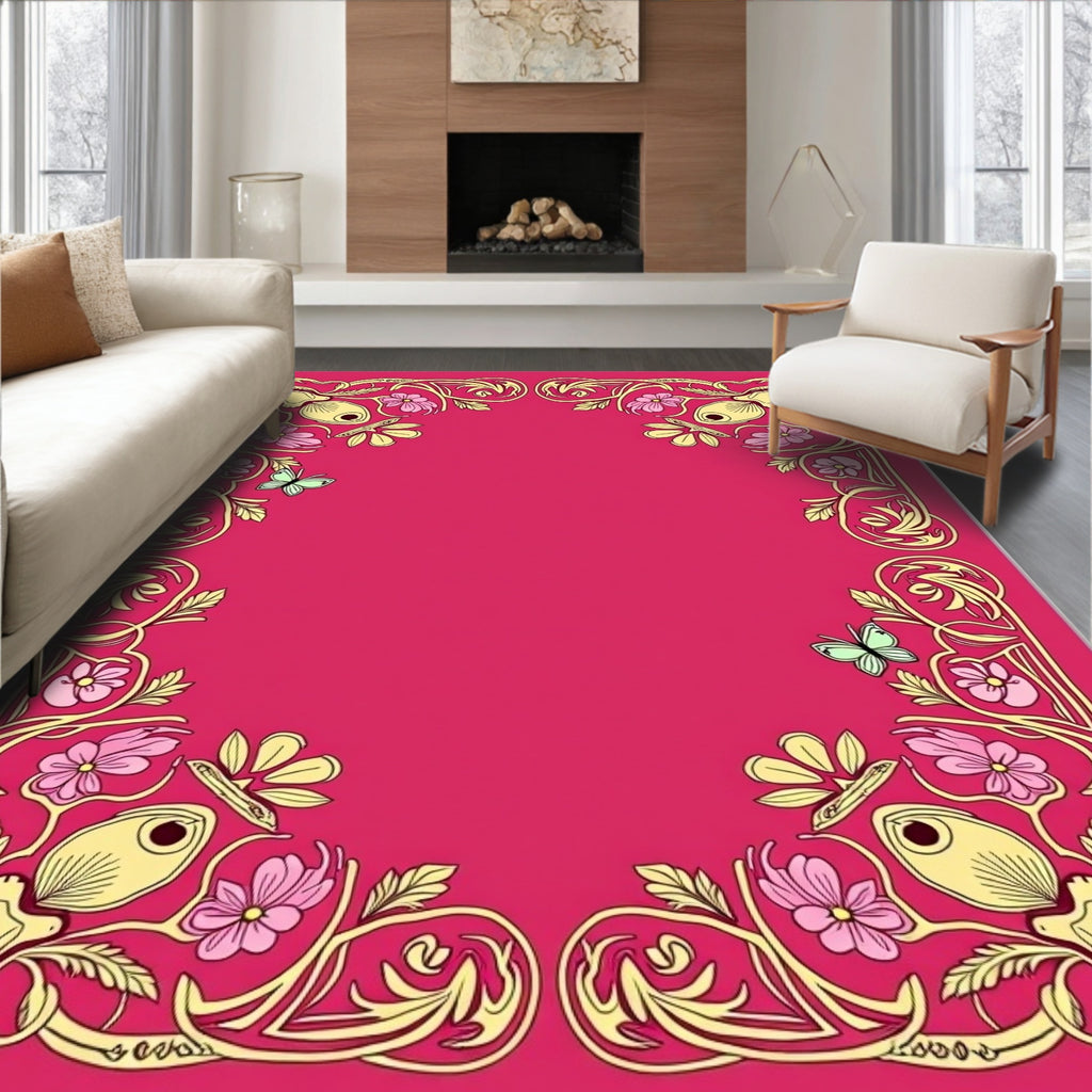 Art Nouveau Pink Floral Butterfly Border Rug
