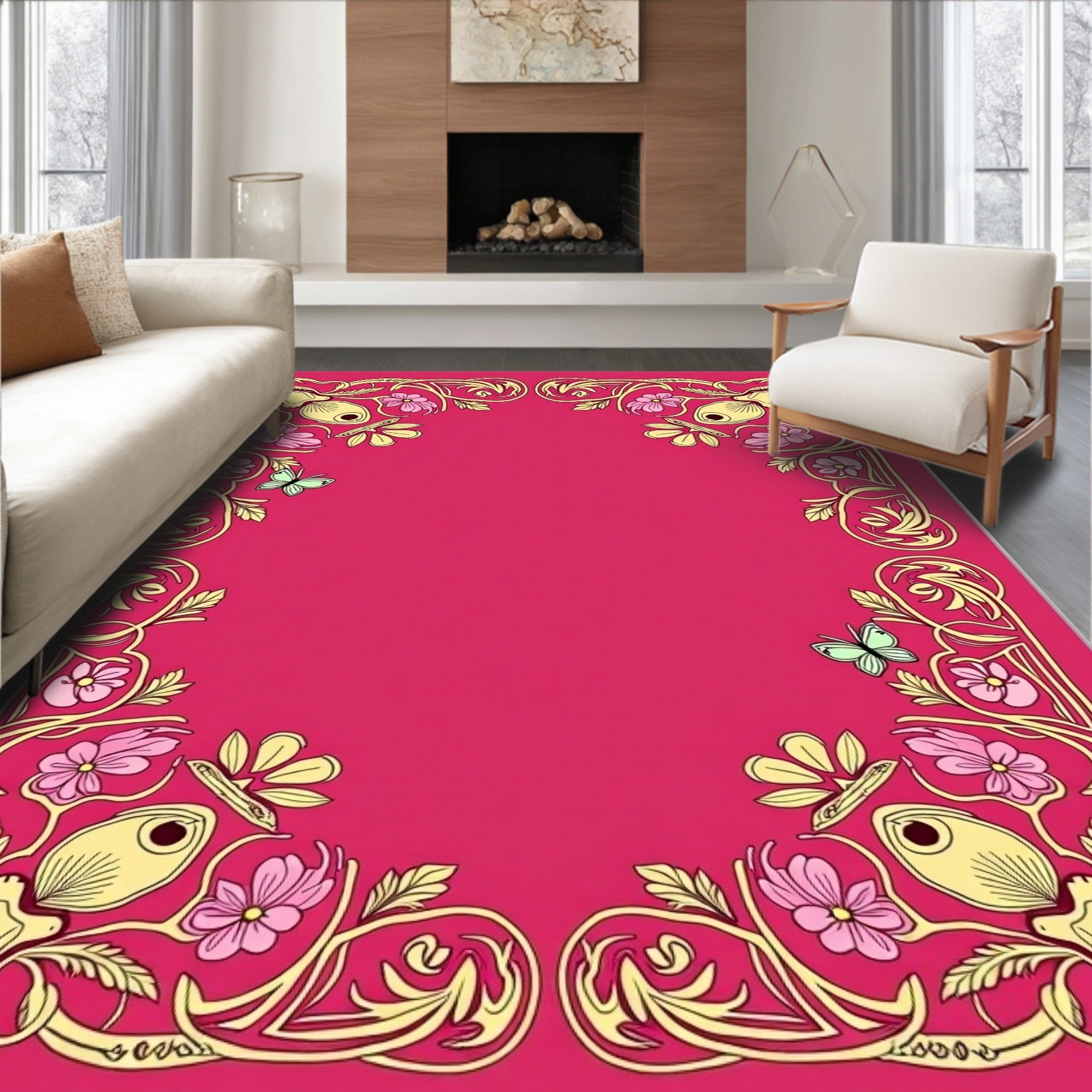 Art Nouveau Pink Floral Butterfly Border Rug