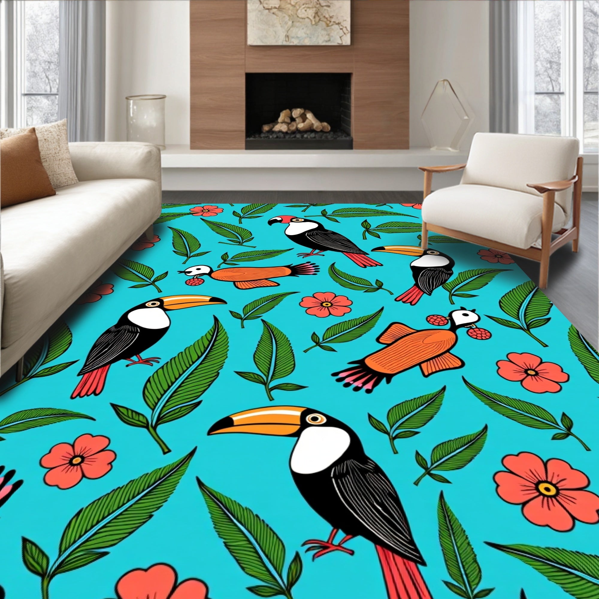 Exotic Toucan And Coral Flower Jungle Rug