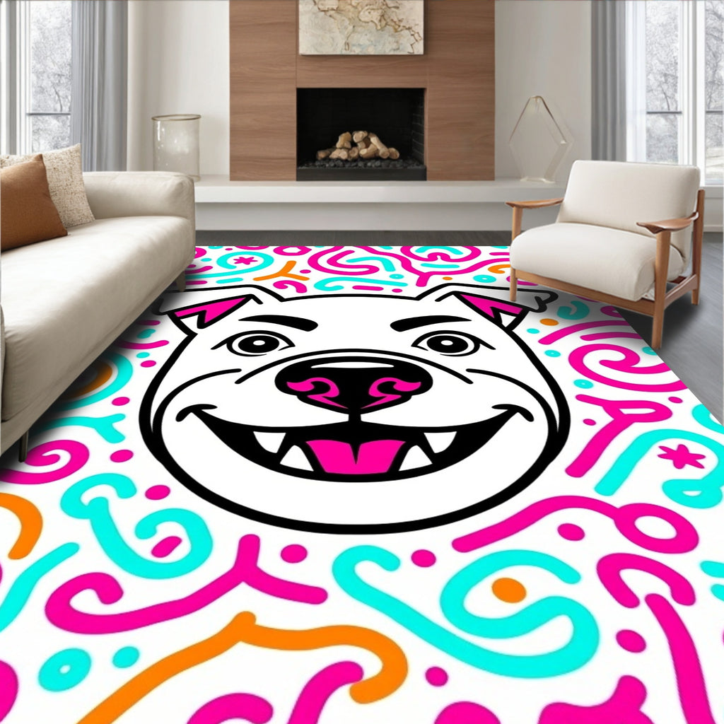 Playful Dog Face Turquoise Orange Swirls Rug