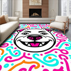 Playful Dog Face Turquoise Orange Swirls Rug