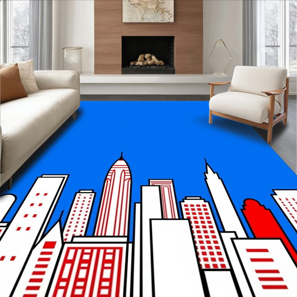 Red White Blue Cityscape Buildings Rug