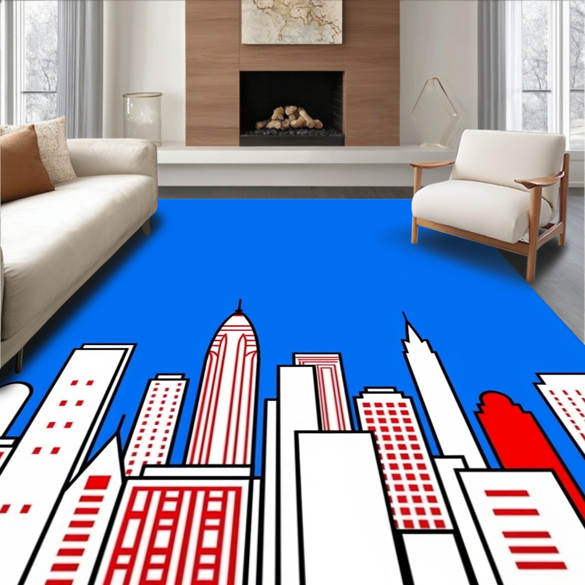 Red White Blue Cityscape Buildings Rug