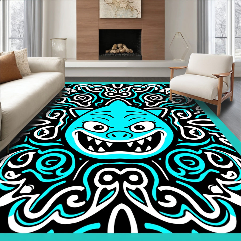 Whimsical Blue Feline Scary Swirls Rug