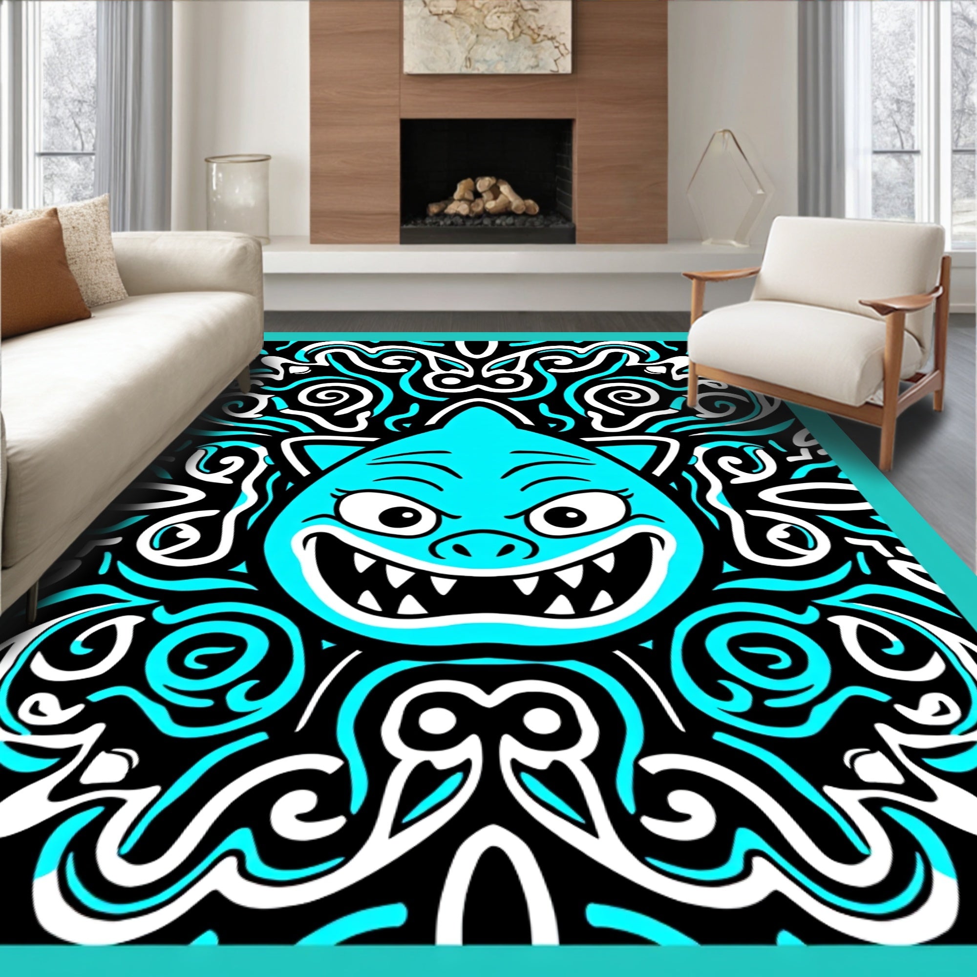 Whimsical Blue Feline Scary Swirls Rug
