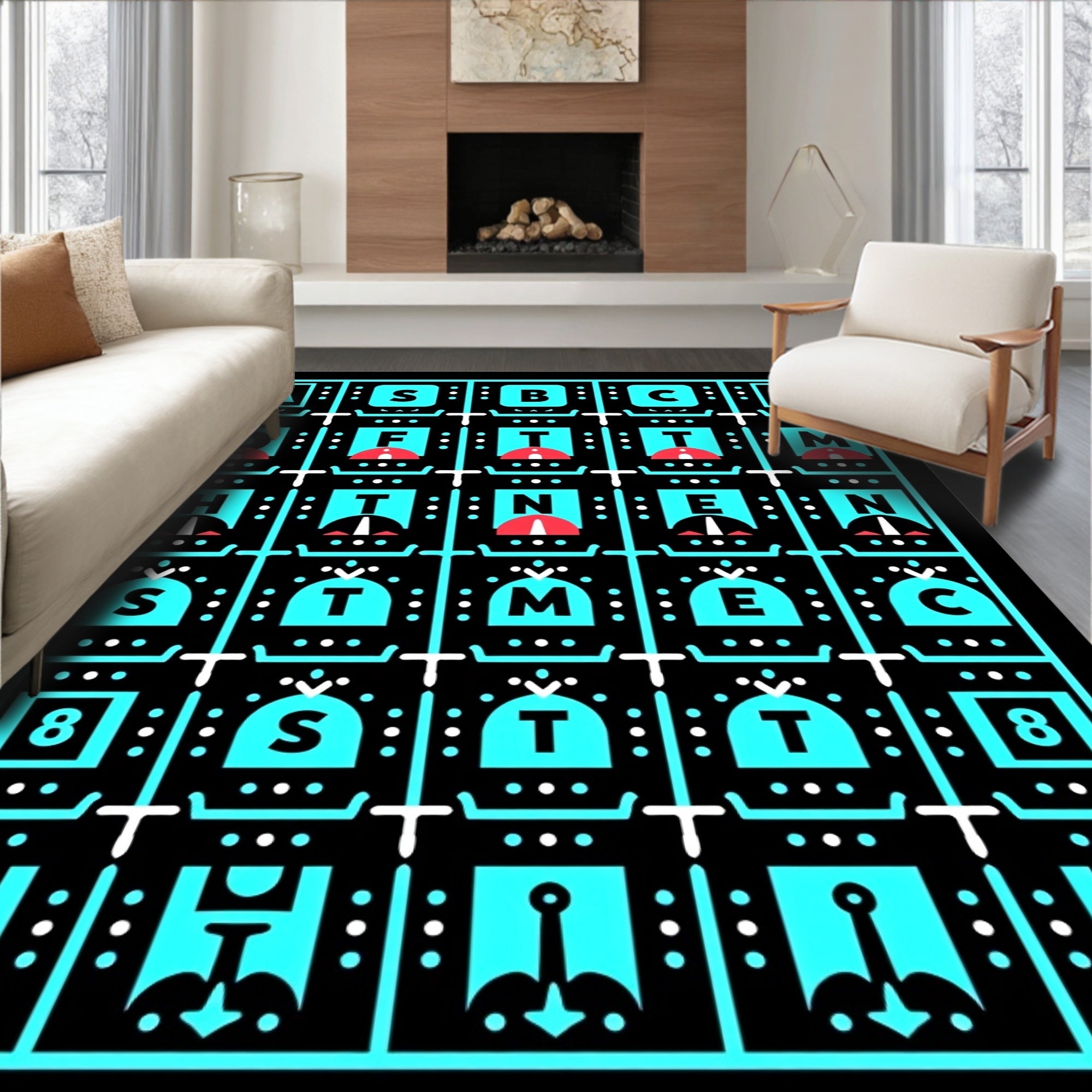 Minimalist Turquoise Geometric Letter Rug