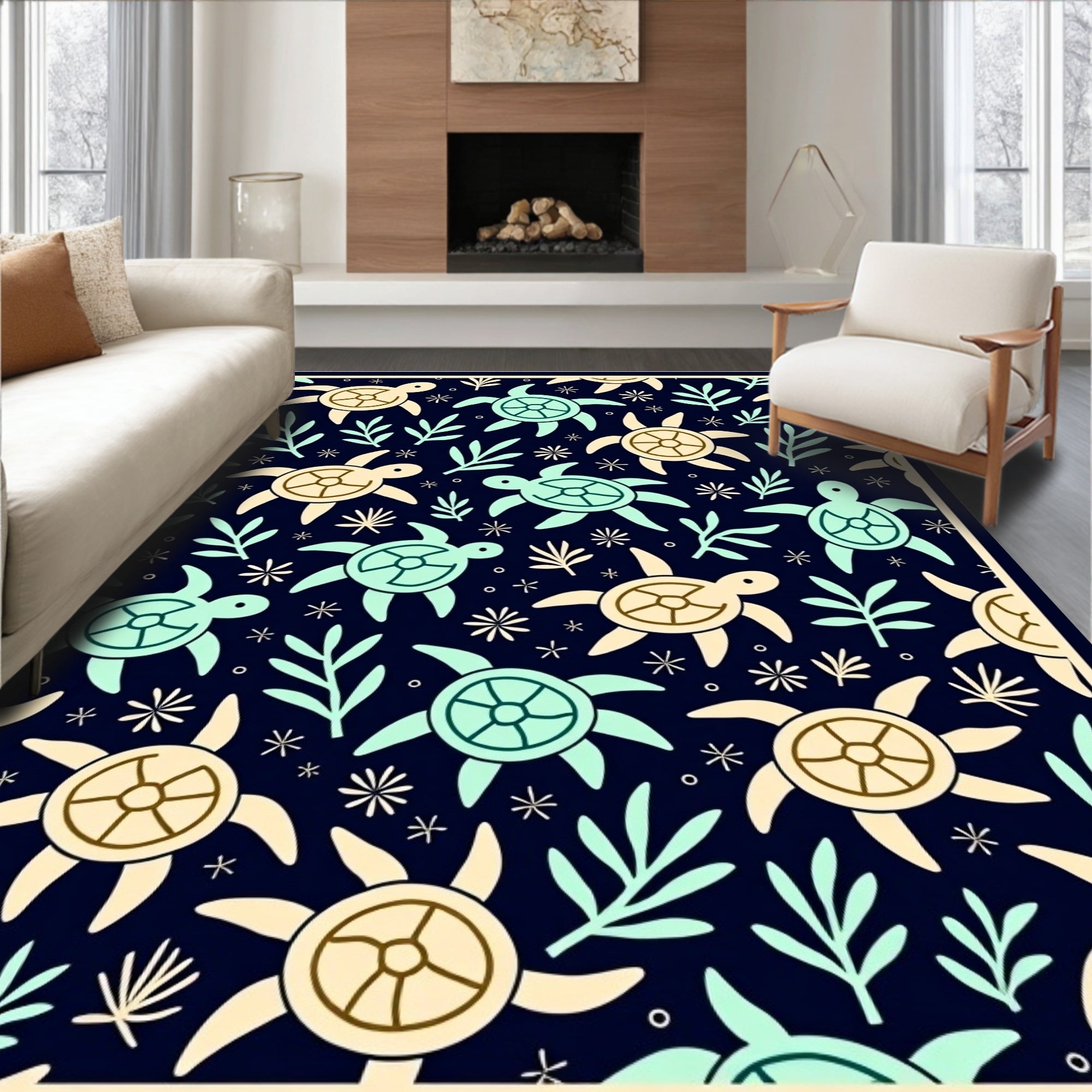 Sea Turtle Navy Cream Aqua Foliage Rug