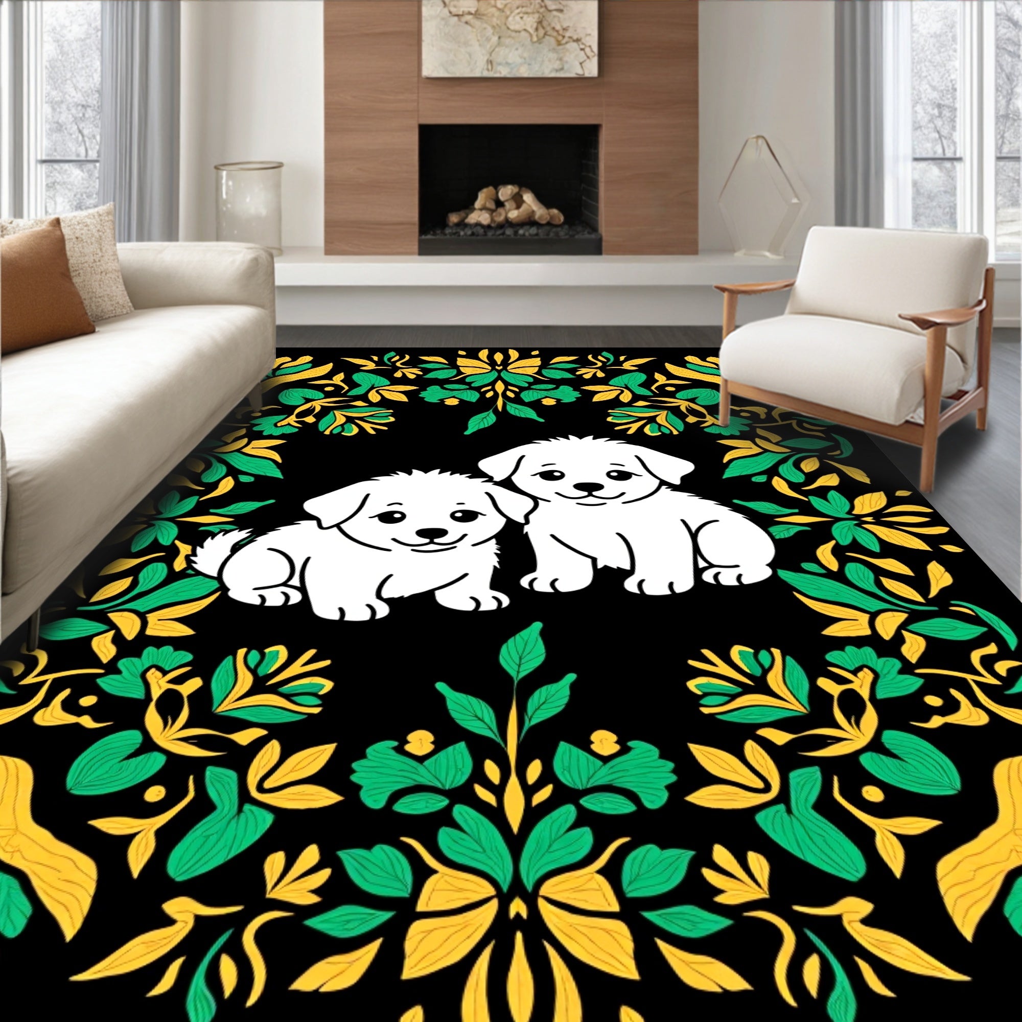 White Puppies Green Yellow Floral Frame Rug