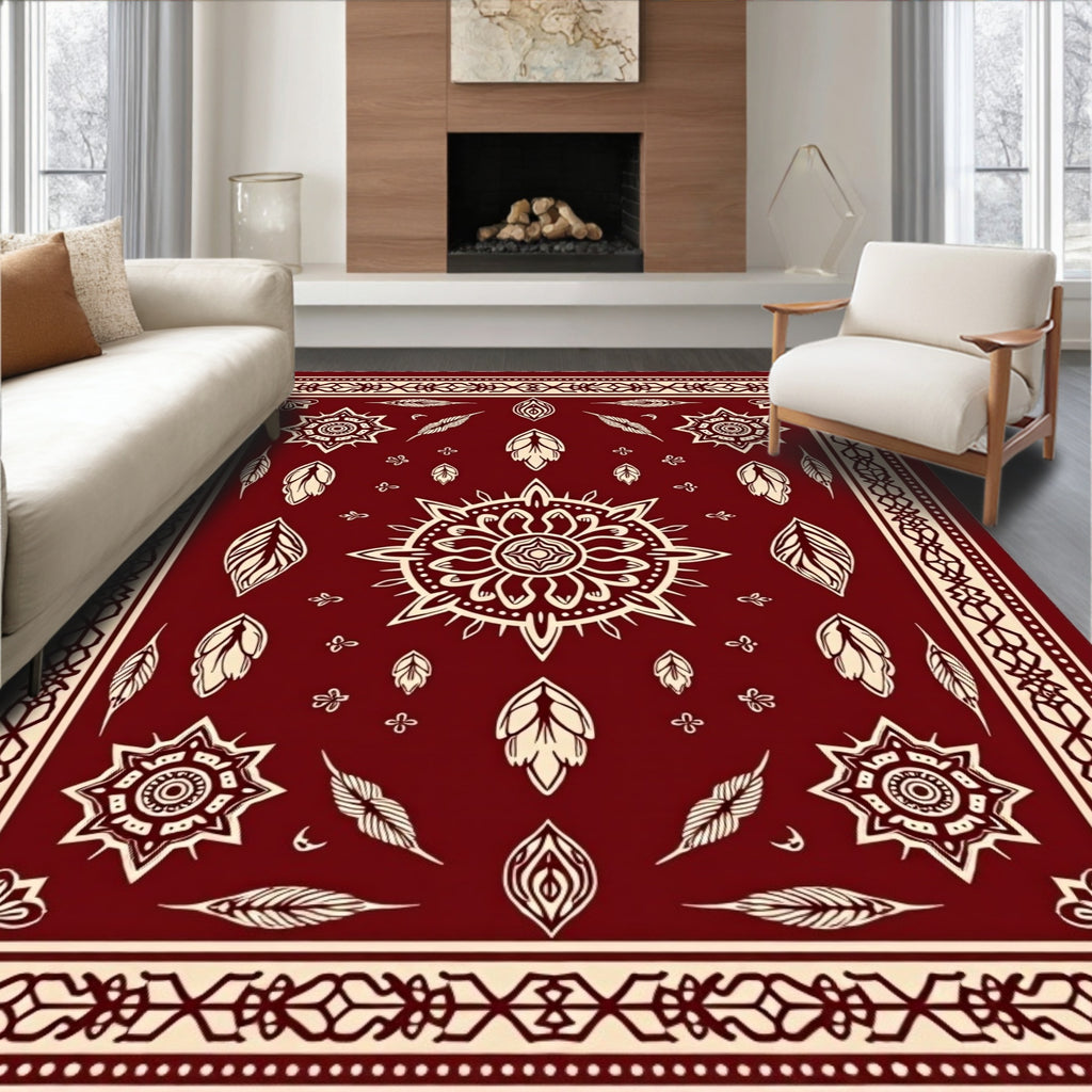 Deep Red Tribal Feather Mandala Rug