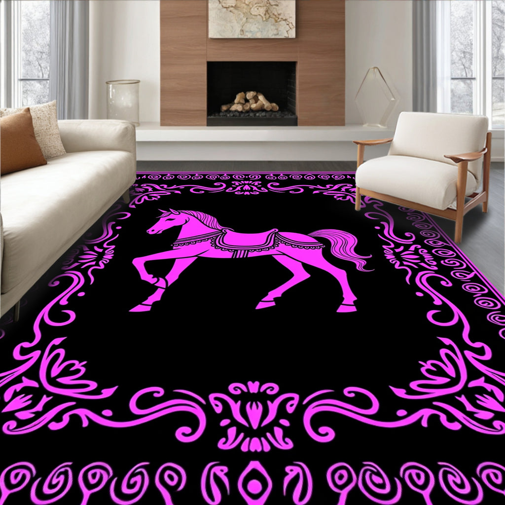 Pink Horse In Floral Ornamental Frame Rug