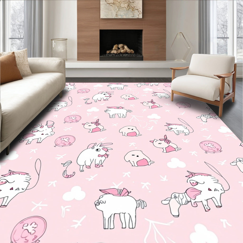 Pink Kawaii Unicorns and Clouds Theme Rug