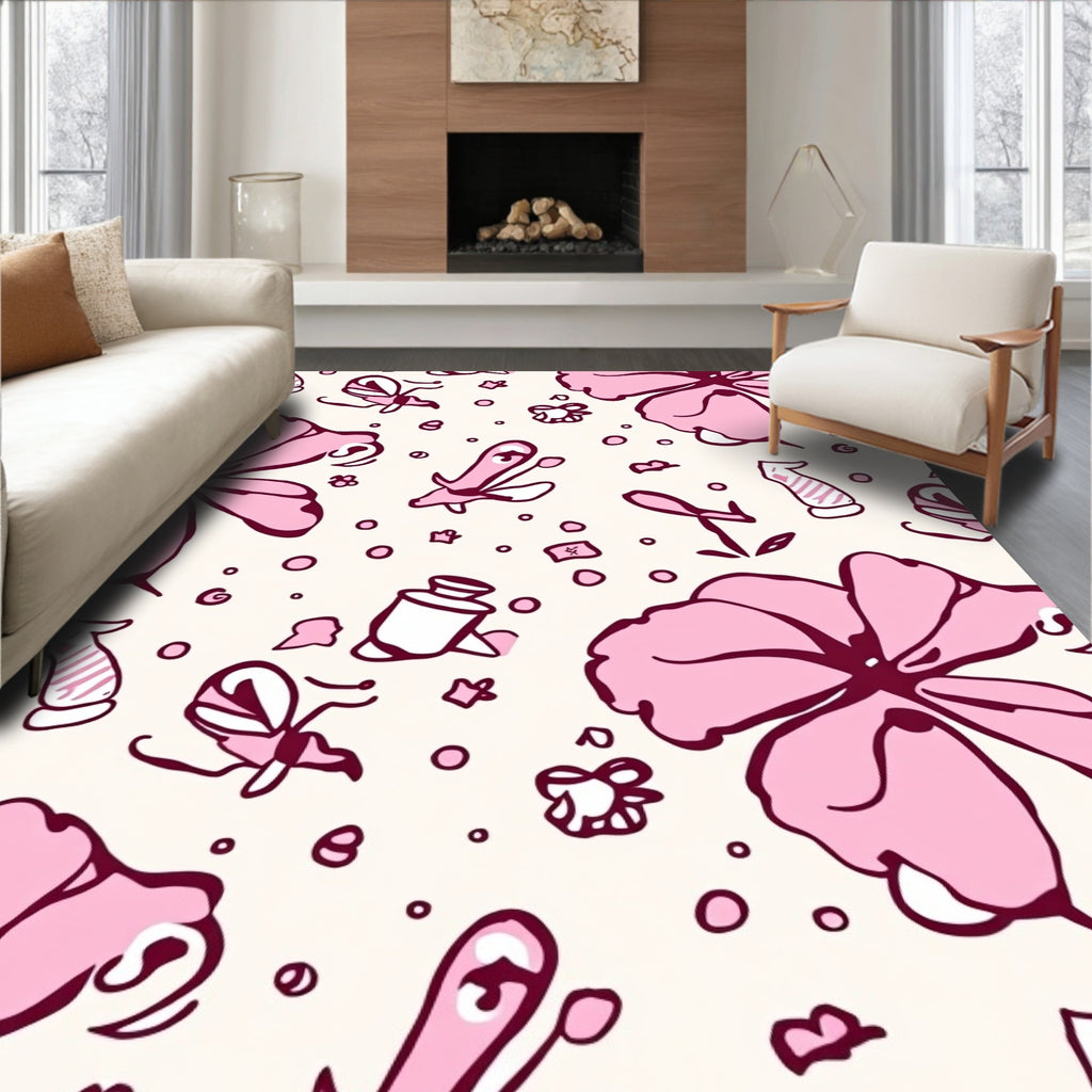 Whimsical Pink Floral Butterfly Garden Rug