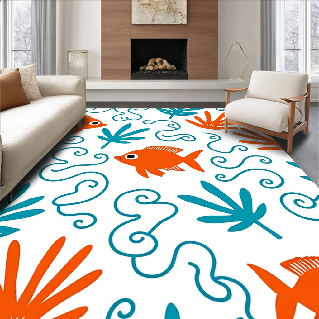 Orange Fish Teal Leaf Swirls Rug