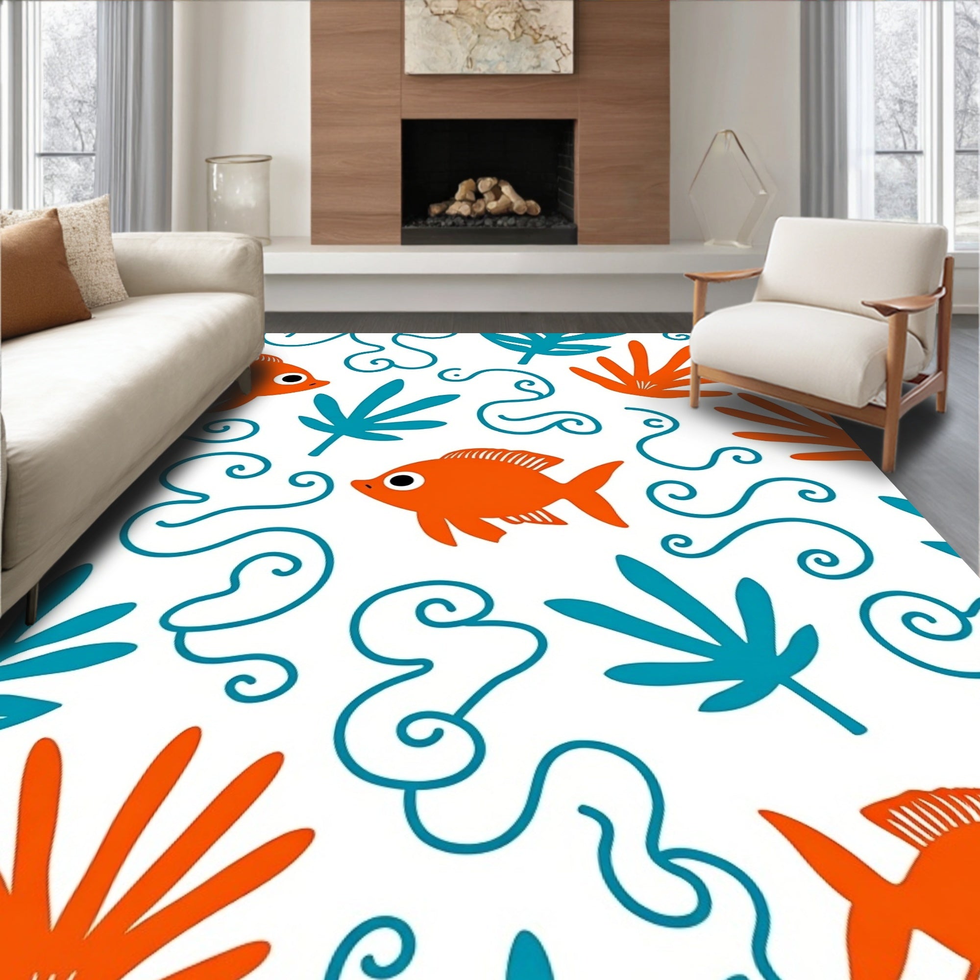 Orange Fish Teal Leaf Swirls Rug