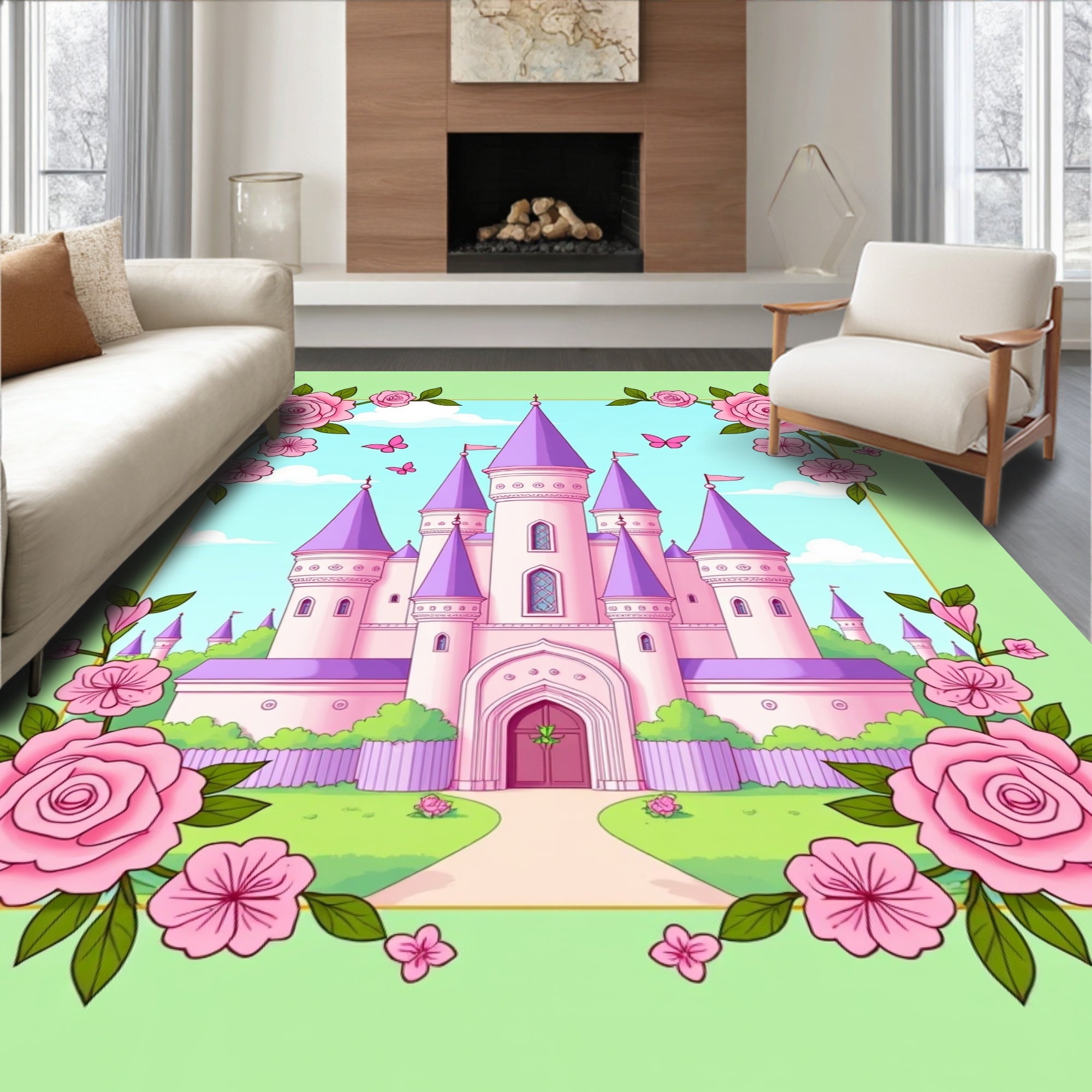 Pink Castle Butterfly Floral Border Rug