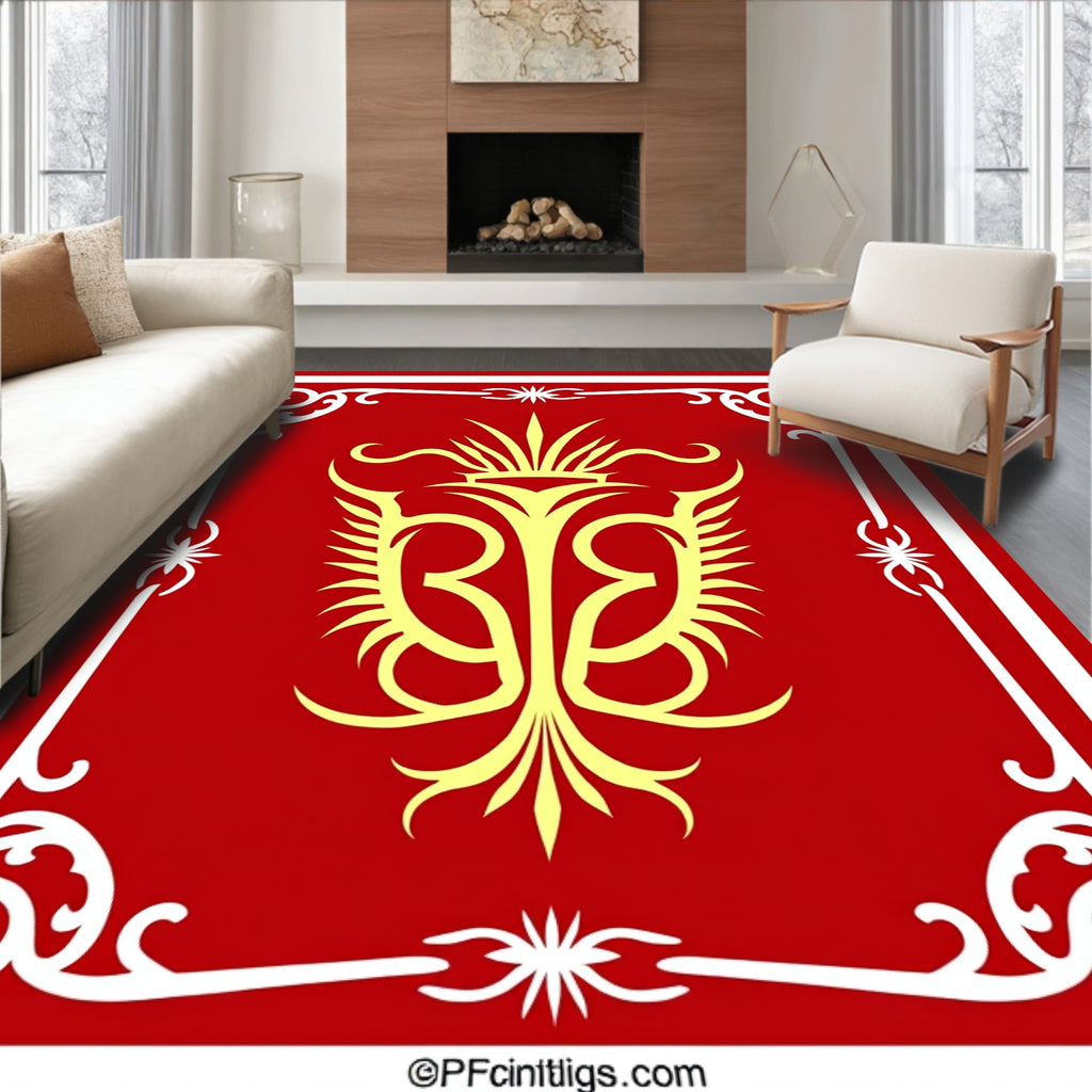 Crimson Yellow Elaborate Scrollwork Medallion Rug