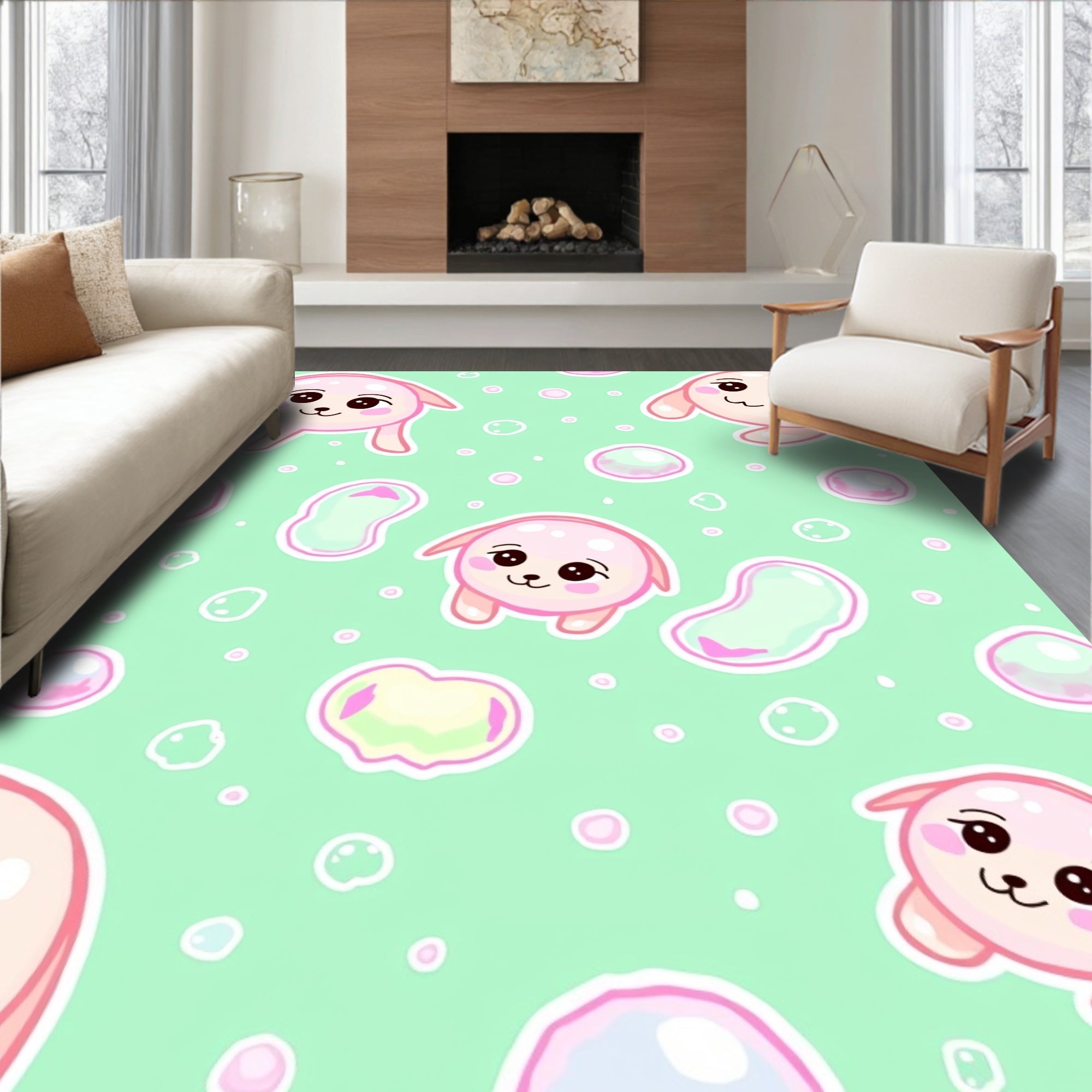 Cute Pink Puppy Bubbles Mint Background Rug