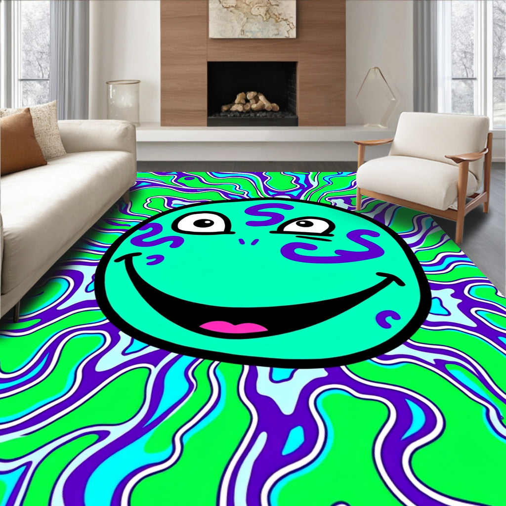 Psychedelic Teal Smiley Face Green Swirls Rug