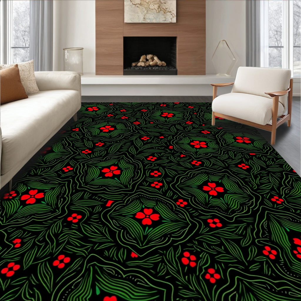 Crimson Floral Medallion Green Foliage Rug