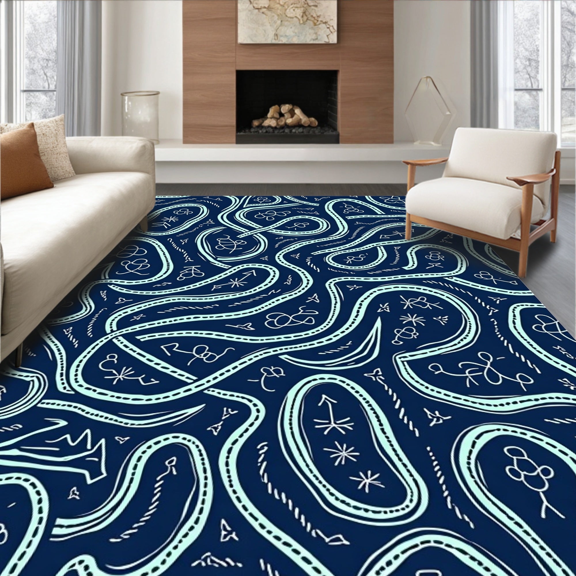 Navy Cyan Abstract Swirl Arrows Rug