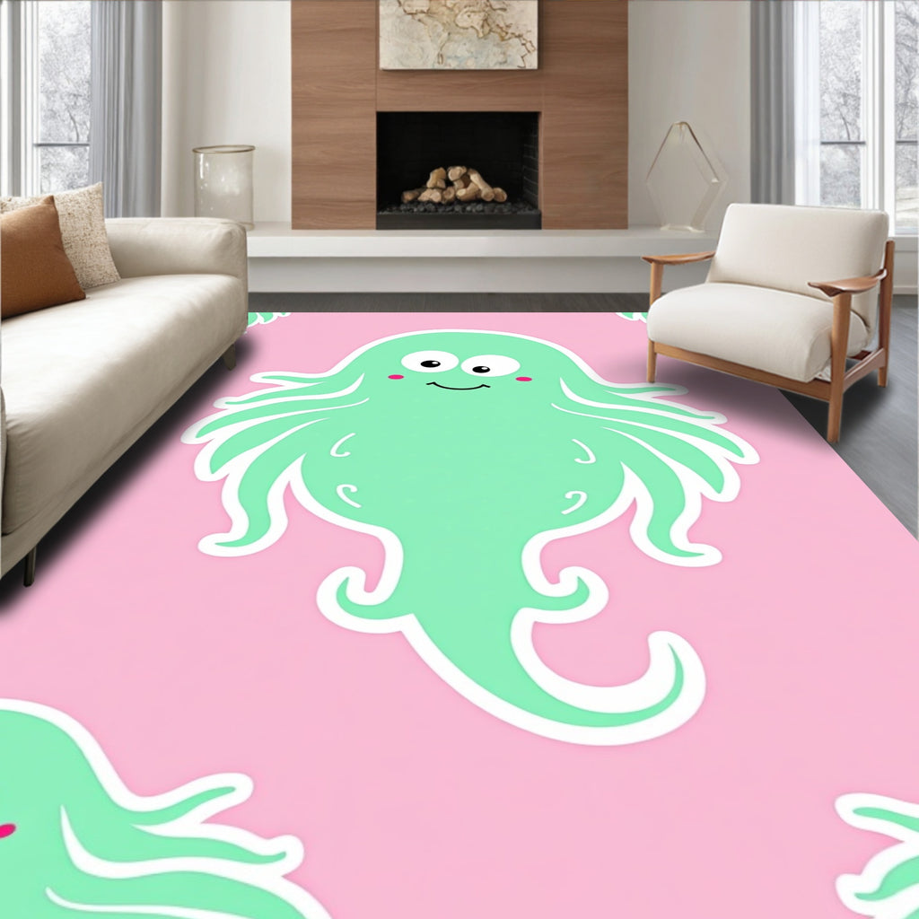 Cute Teal Octopus Pink Background Rug