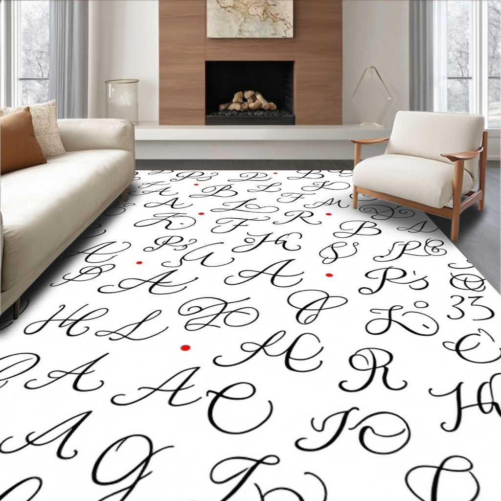 Black Calligraphy Alphabet Red Dots Rug