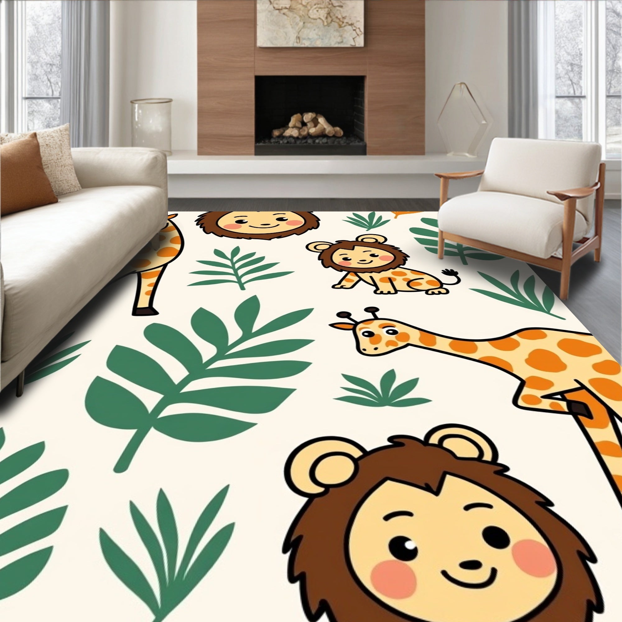 Cute Giraffes Lions Jungle Leaves Rug