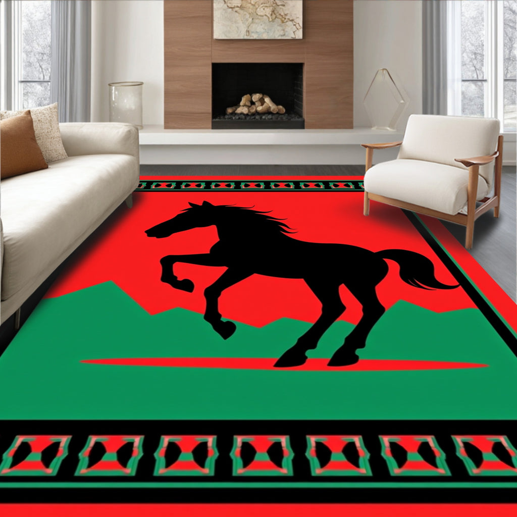 Bold Black Horse Red Green Landscape Rug