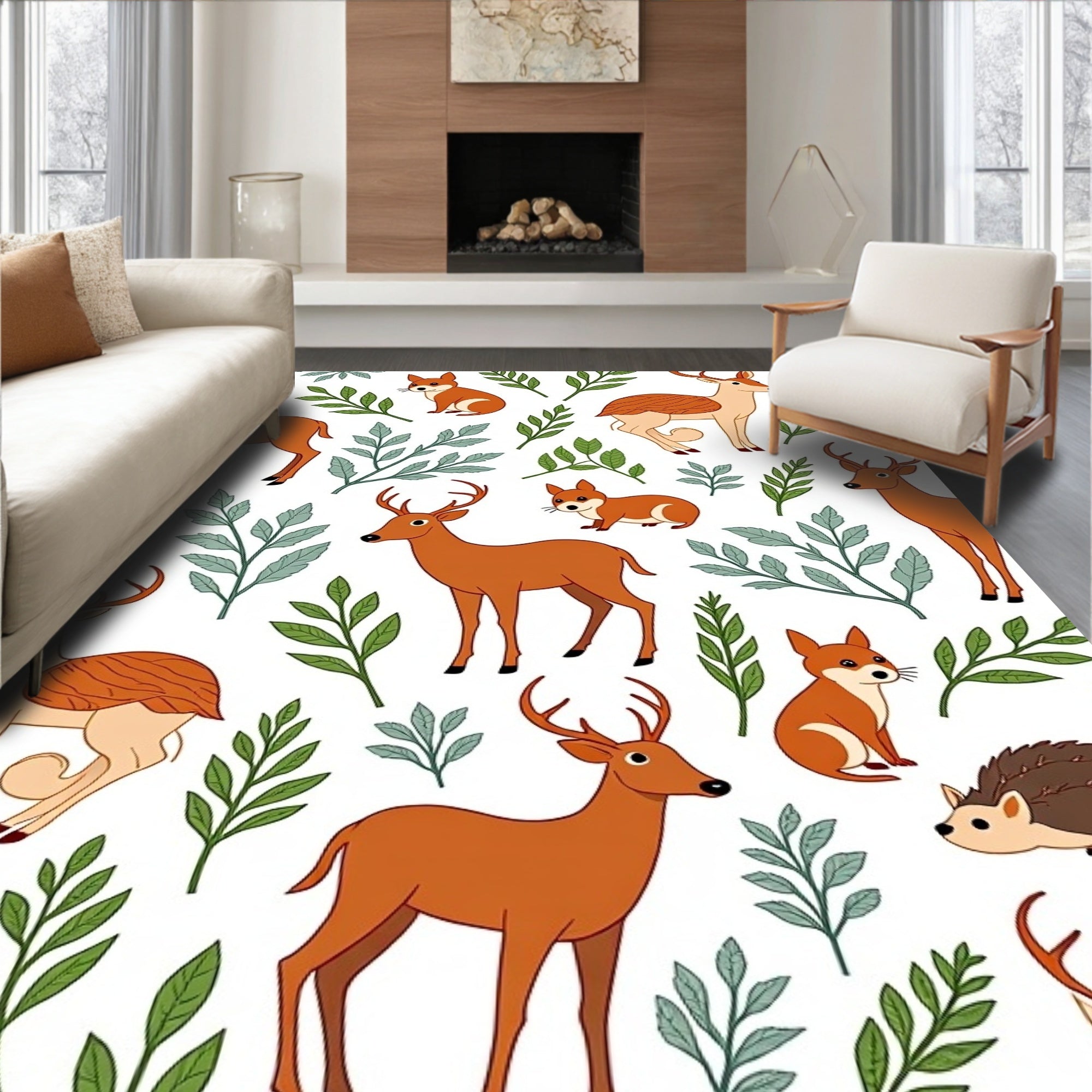 Woodland Creatures With Leafy Branches Rug