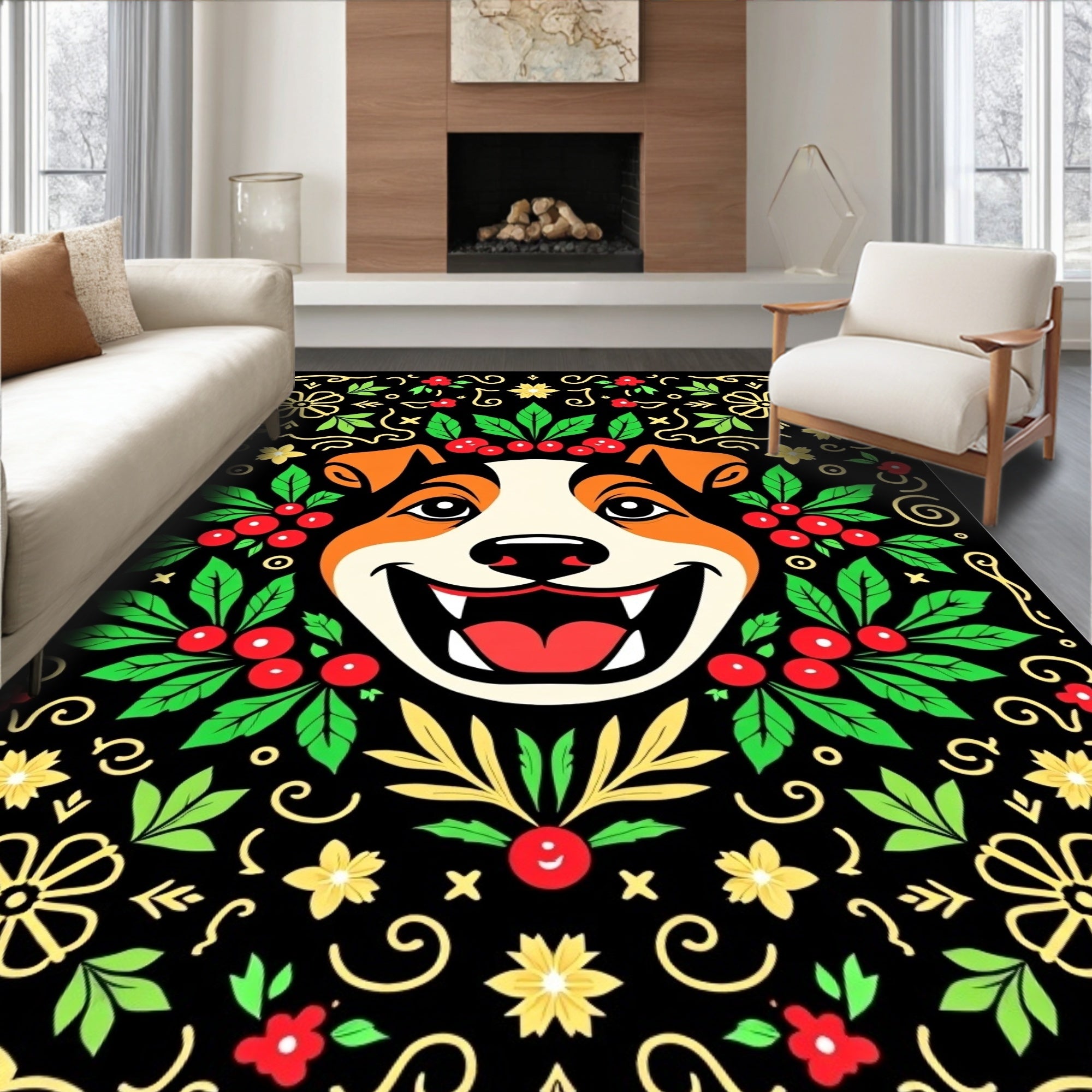 Joyful Dog Floral Crimson Garland Rug