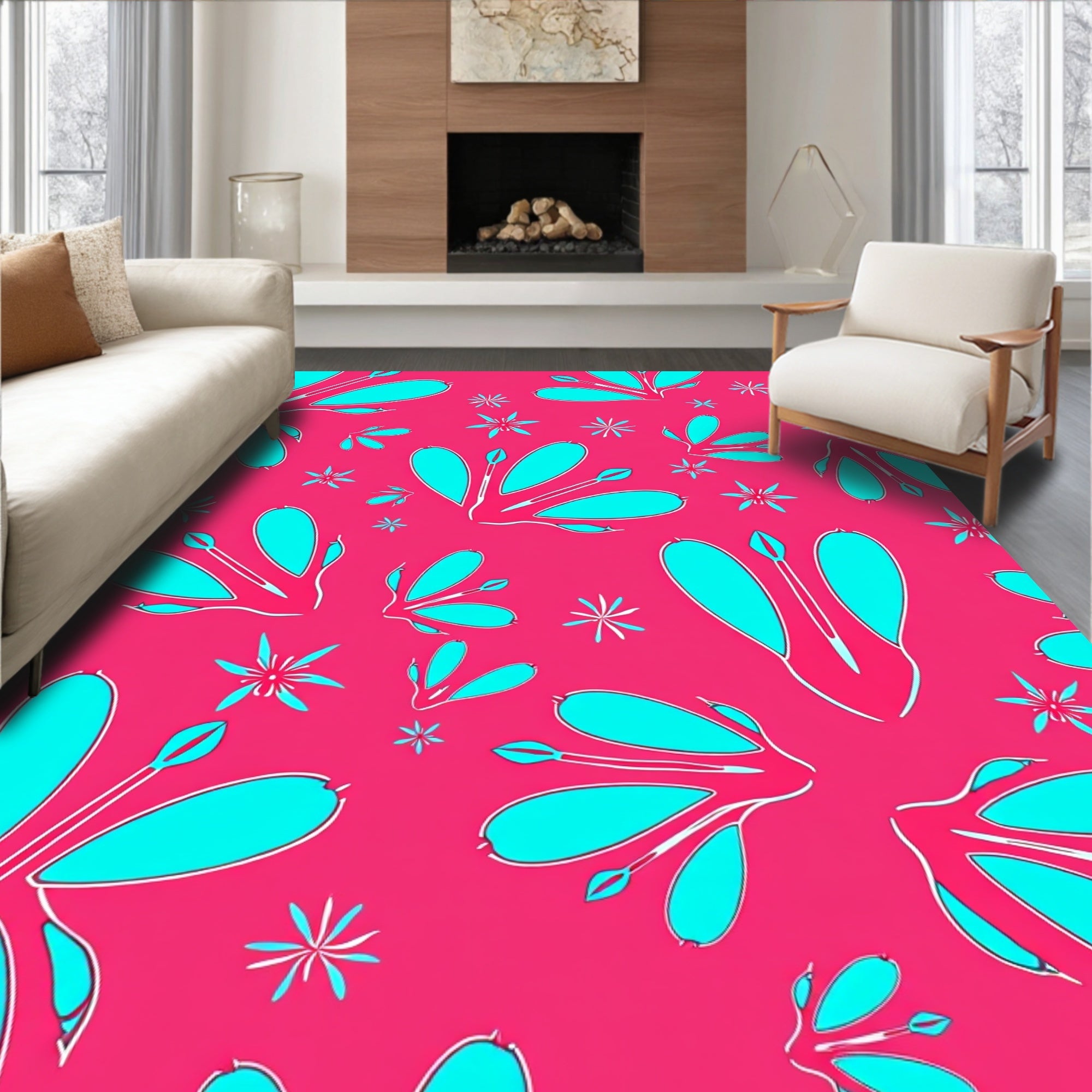 Bright Pink Cyan Floral Abstract Rug