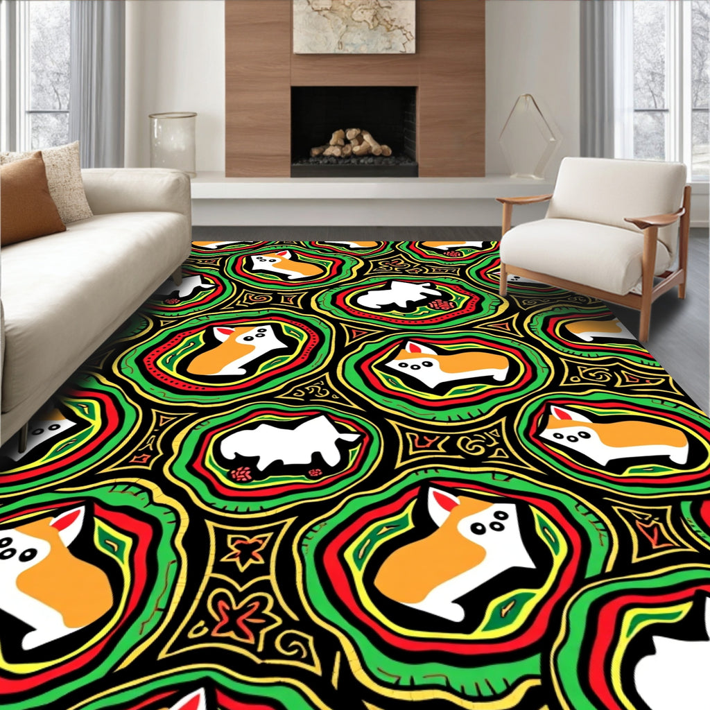 Whimsical Corgi Abstract Emerald Yellow Rug