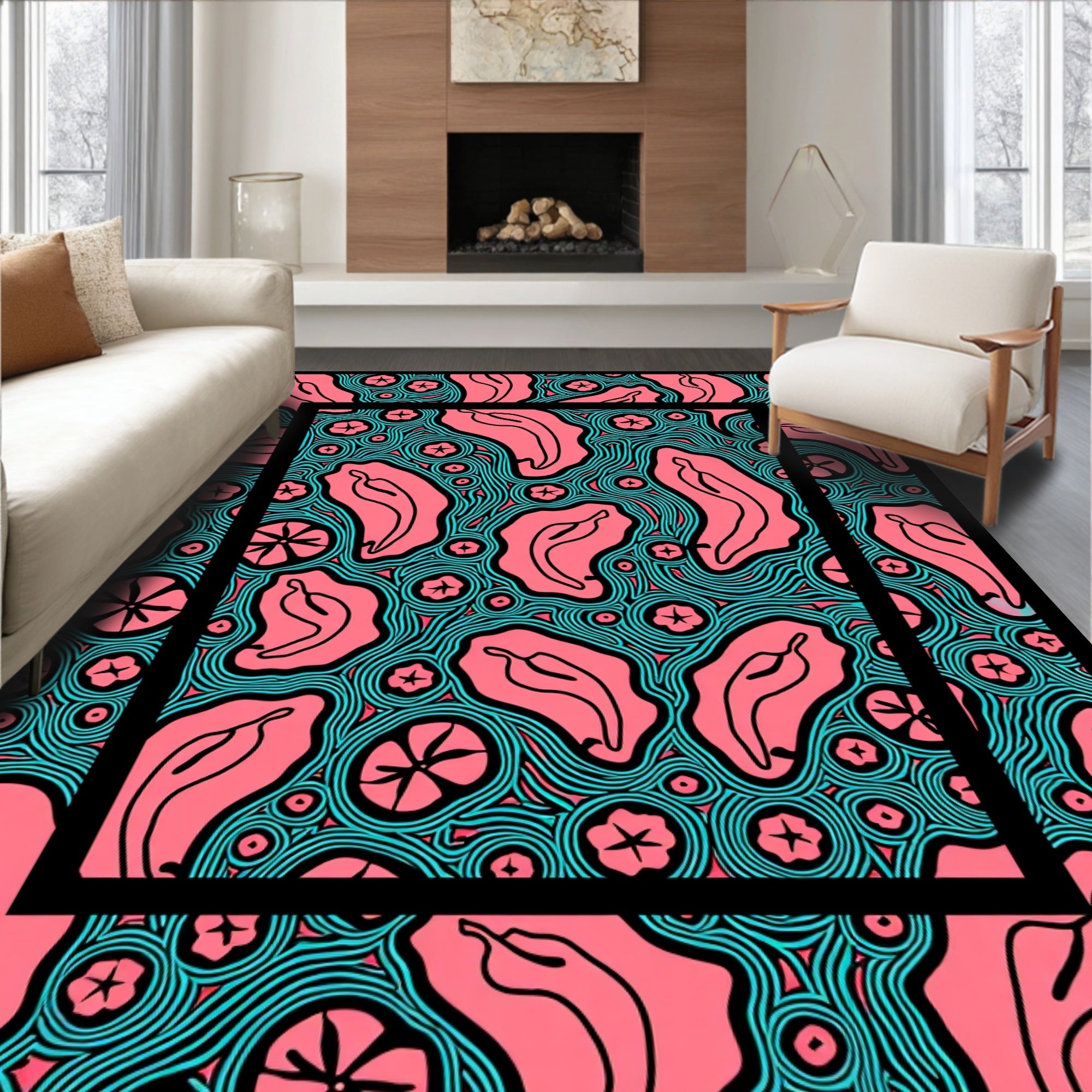 Coral Chili Pepper Teal Swirl Rug