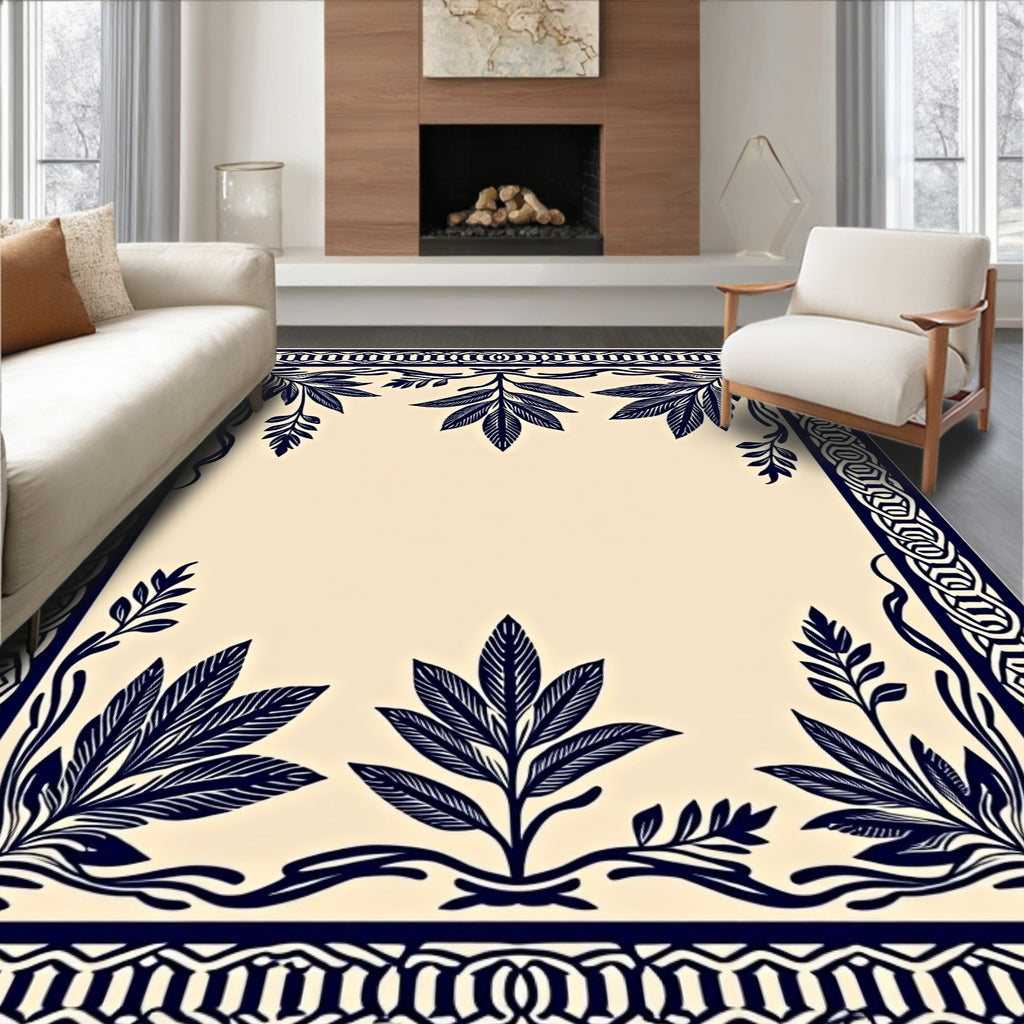 Indigo Leaves Ornate Border Rug