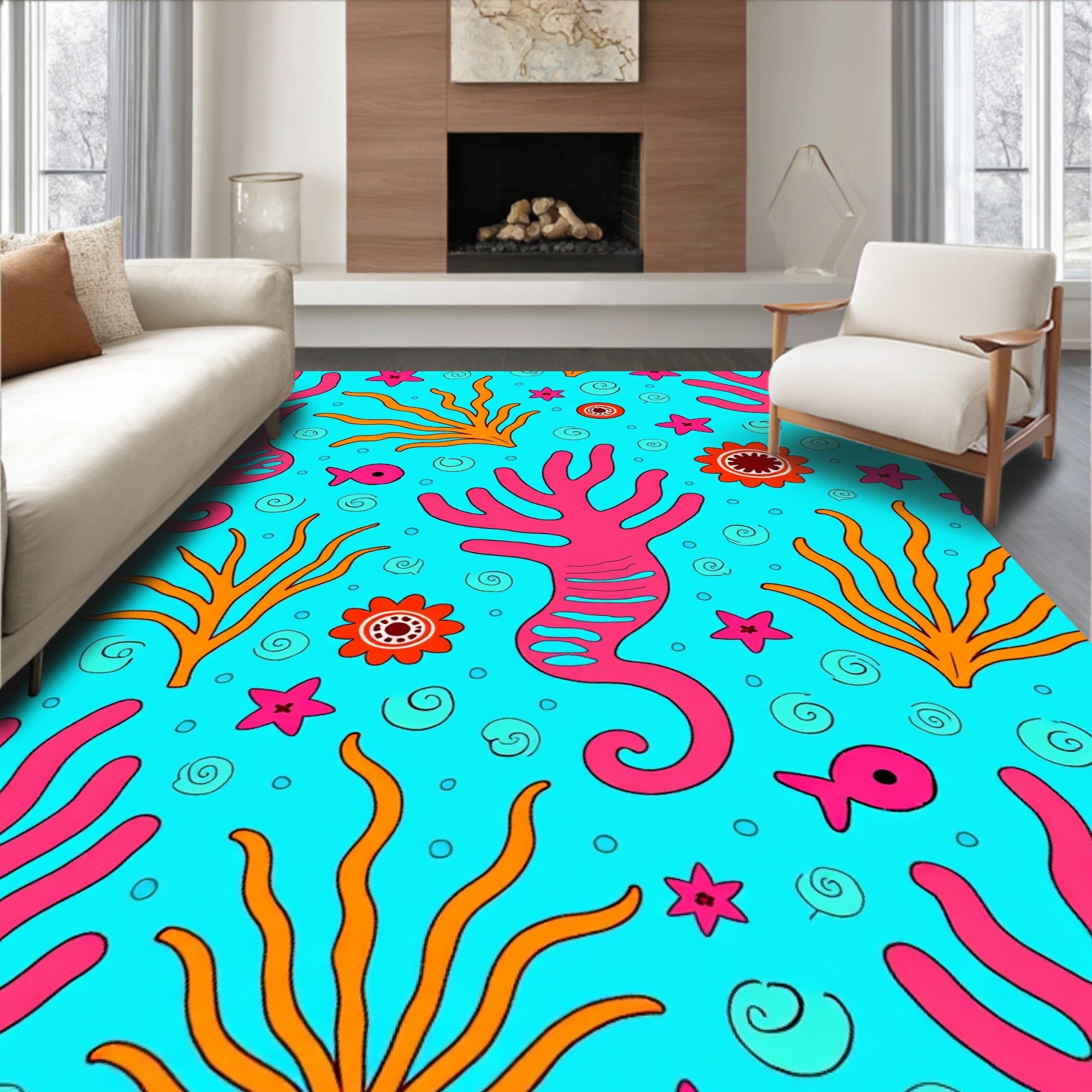Playful Coral Seahorse Underwater Scene Rug