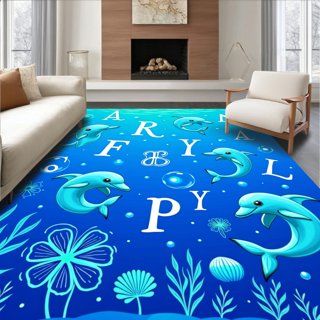 Playful Blue Dolphins Underwater Alphabet Rug